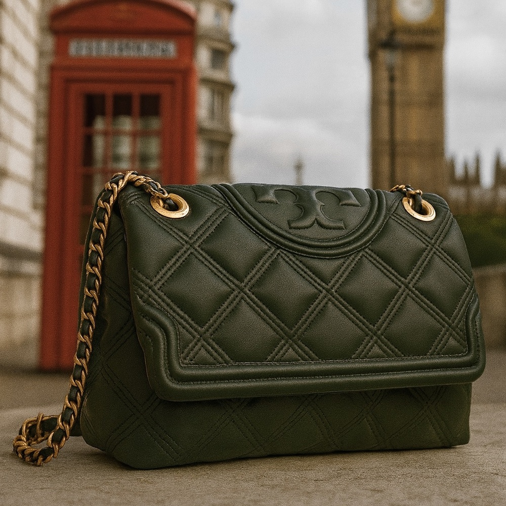 Tory Burch Sycamore Green Leather Soft Fleming Shoulder Bag with Chain Strap